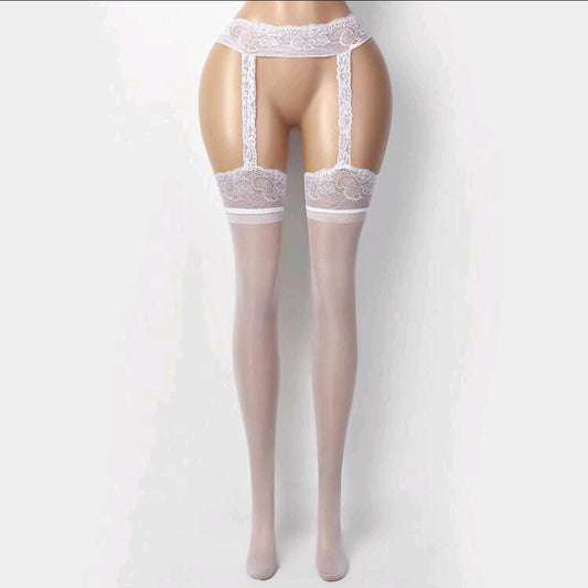 Sheer stockings with lace top on a white background. Come Closer- Hollow Pantyhose Garter Stockings White. Mi Amore lingerie stockings adding a touch of allure to your ensemble. Elevate your style with the best lingerie stockings in Trinidad and Tobago."
Mi Amore House of House