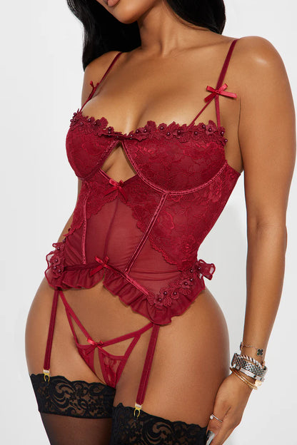 Love Letter- 3 Piece Lace Corset Set- Wine Red