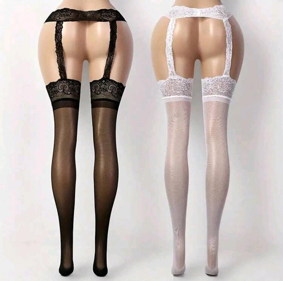 Black and white lace garter belts with stockings on a plain background. Come Closer- Hollow Pantyhose Garter Stockings- Black & White. Mi Amore lingerie stockings adding a touch of allure to your ensemble. Elevate your style with the best lingerie stockings in Trinidad and Tobago."
Mi Amore House of House