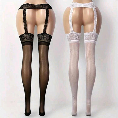 Black and white lace garter belts with stockings on a plain background. Come Closer- Hollow Pantyhose Garter Stockings- Black & White. Mi Amore lingerie stockings adding a touch of allure to your ensemble. Elevate your style with the best lingerie stockings in Trinidad and Tobago."
Mi Amore House of House