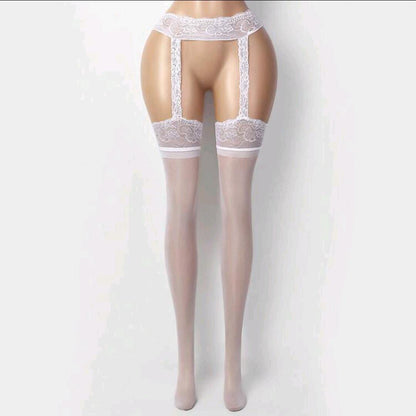 Sheer stockings with lace top on a white background. Come Closer- Hollow Pantyhose Garter Stockings White. Mi Amore lingerie stockings adding a touch of allure to your ensemble. Elevate your style with the best lingerie stockings in Trinidad and Tobago."
Mi Amore House of House