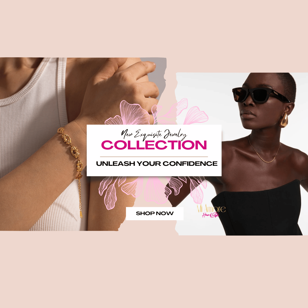 Jewelry advertisement with a woman wearing sunglasses and a bracelet, featuring 'Unleash Your Confidence' text.Indulge in the allure of intimate elegance with Mi Amore. Explore the finest lingerie sets, babydolls, stockings, garter sets, robes, and teddies. Elevate your style with our stylish statement jewelry, including earrings, chains, gold, and silver pieces. Embrace the epitome of Trinidad and Tobago fashion