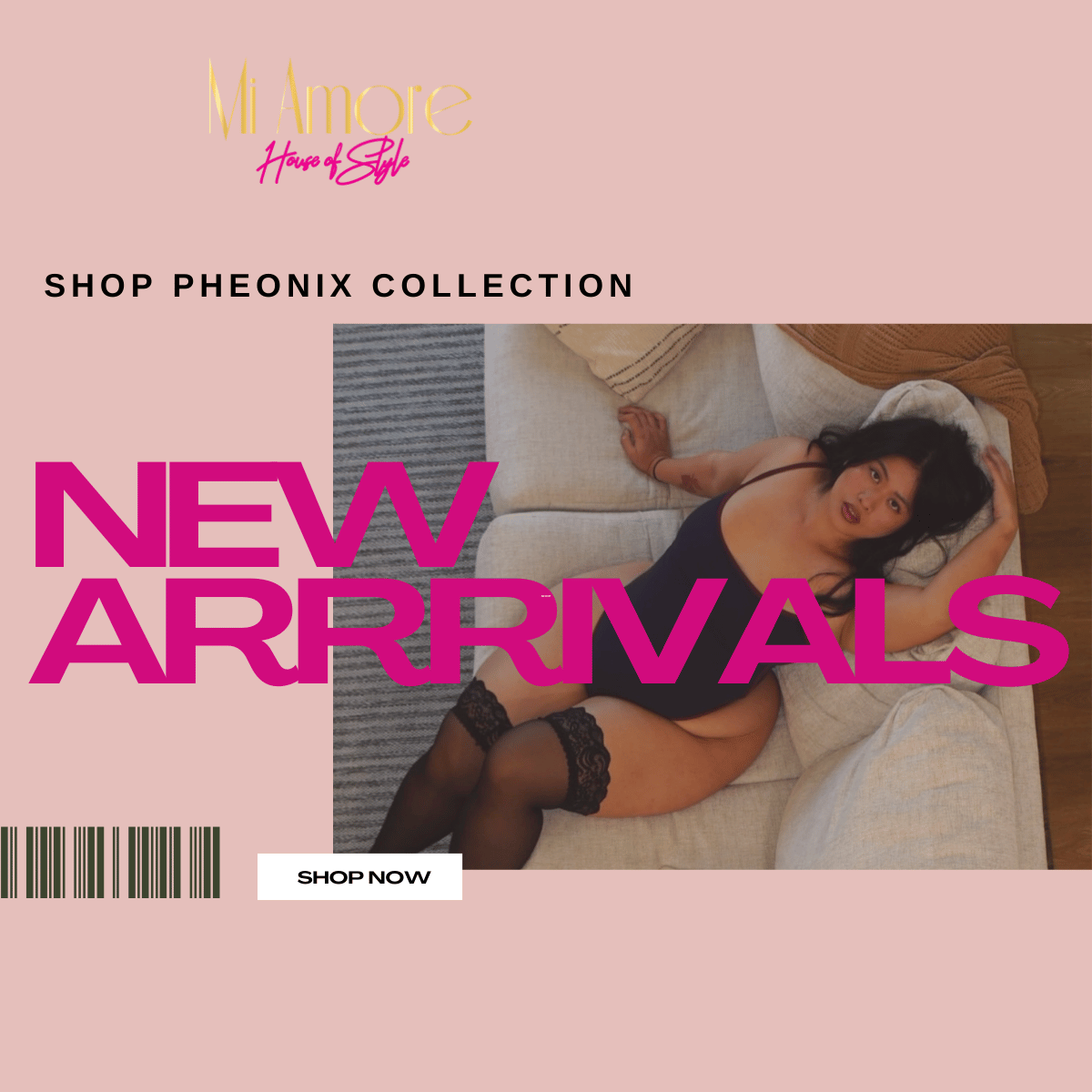 Advertisement for 'New Arrivals' with a person lying on a couch, featuring the brand 'Mi Amore'Indulge in the allure of intimate elegance with Mi Amore. Explore the finest lingerie sets, babydolls, stockings, garter sets, robes, and teddies. Elevate your style with our stylish statement jewelry, including earrings, chains, gold, and silver pieces. Embrace the epitome of Trinidad and Tobago fashion